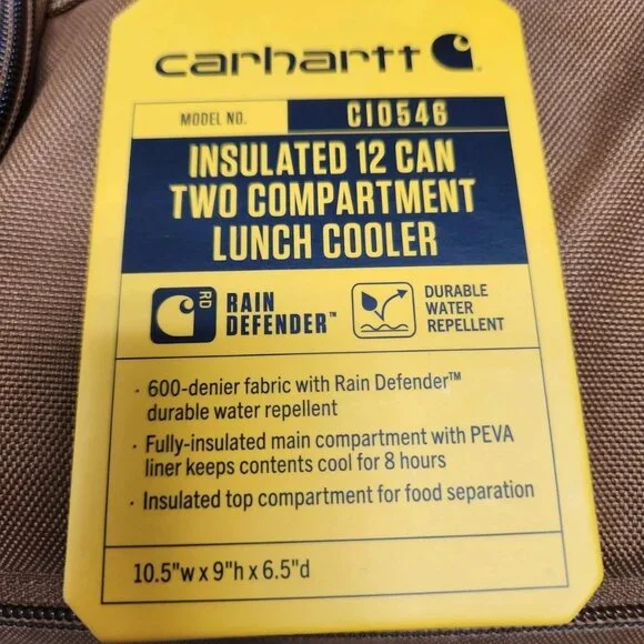 Carhartt 12 Can Two Compartment Lunch Cooler C10546 Insulated Brown Bag New - Picture 8 of 9
